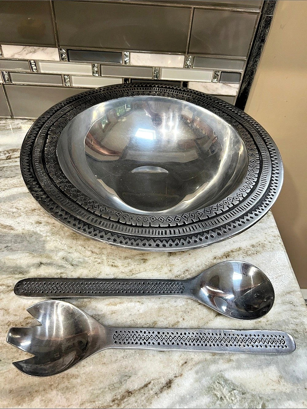 Large aluminum metal serving bowl Aztec trim & serving spoons